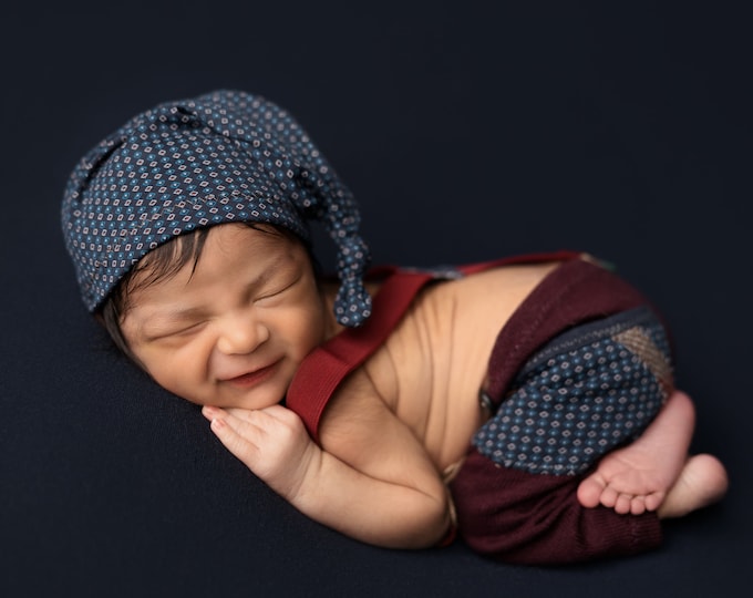 Newborn boy set: suspender pants, sleepy hat and posing pillow; burgundy blue baby boy outfit