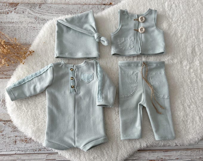 Newborn Photography Set Newborn Boy Props Twin Boys Set Newborn Romper Newborn Hat Newborn Photo Outfit Baby Boy Photo Prop Duck Egg Blue