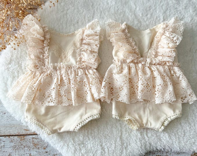 Newborn Photography Prop Baby Girl Romper Newborn Lace Romper Ruffled Outfit Newborn Photo Outfit Cream Neutral Newborn Outfit Photoshoot