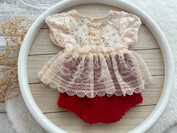 Newborn Photo Outfit, Red Velvet Girl Romper, Baby Photography Prop Christmas Outfit