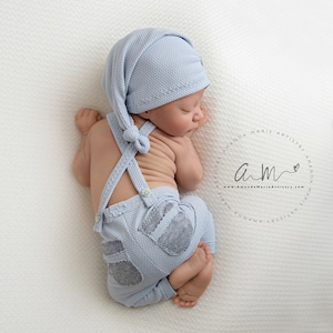 Newborn photo prop set: suspender pants and hat light blue baby boy props photography outfit