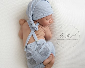 Newborn photo prop set: suspender pants and hat light blue baby boy props photography outfit