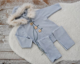 Sitter Boy Photo Outfit, Baby Boy Overall with Fur Hood, Hooded Romper Baby Boy, Photography Prop, Baby Photo Props