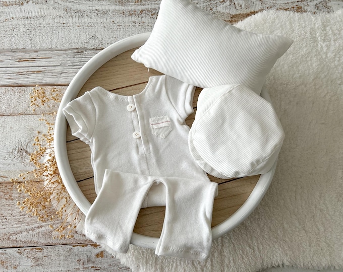 Photography SET Newborn Photo Outfit Boy WHITE Newborn Romper Boy Photo Props Baby  Pants Posing Pillow Newborn Flat Cap Newsboy Cap White