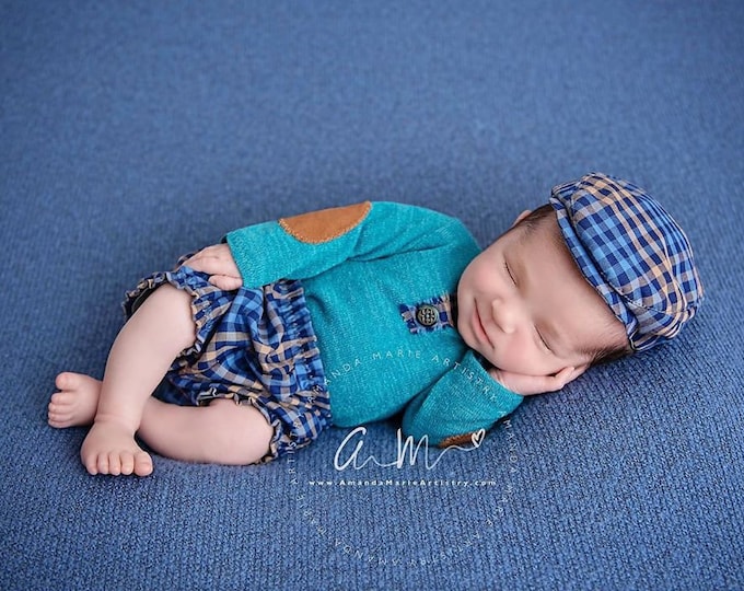 Newborn boy outfit: romper pants flat cap - newborn photography prop outfit