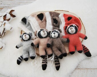 Newborn Photo Prop Set, Raccoon Toy, Newborn Bonnet, Newborn Cuddle Toy, Photography Set, Knitted Newborn Props
