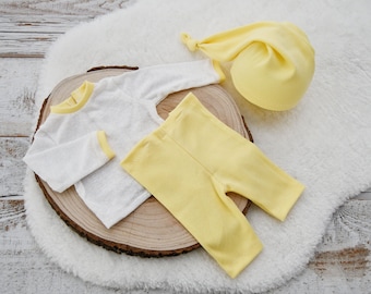 Newborn Boy Photo Outfit: Yellow Pants, Top & Knot Hat