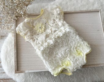 Newborn Girl Lace Romper Yellow Ivory Baby Photo Prop Floral Newborn Outfit for Photography Baby Shower Gift Handmade Newborn Clothes