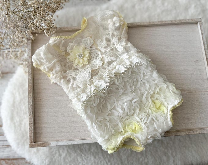 Newborn Girl Lace Romper Yellow Ivory Baby Photo Prop Floral Newborn Outfit for Photography Baby Shower Gift Handmade Newborn Clothes