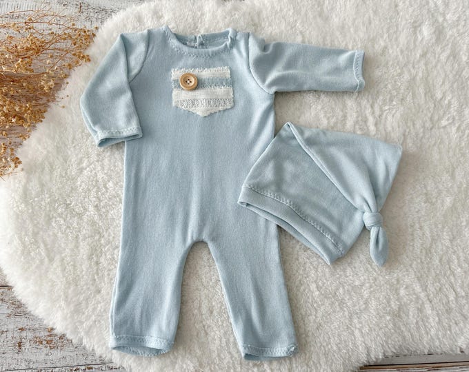 Blue Newborn Romper Newborn Hat Boy Photo Prop Baby Romper Newborn Outfit Newborn Photography Prop First Photo Shoot Outfit Baby Boy Props