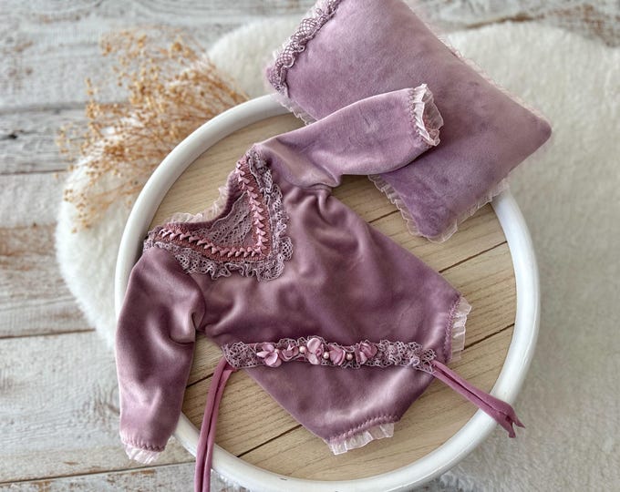 Newborn Photography Outfit Newborn Girl Romper Set Mauve Velvet Newborn Romper for Baby Girl Purple Floral Headband Newborn Posing Pillow