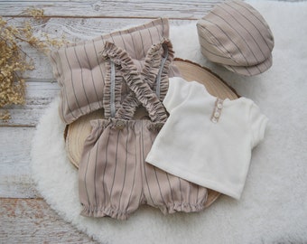 Beige newborn photo prop set for boys Newborn romper set Posing pillow photography Newborn pants Newsboy hat baby boy