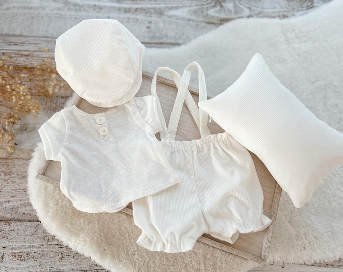 Newborn Photo Prop SET Newborn Blouse Suspender Pants Newborn Cap Posing Pillow WHITE Newborn Outfit First Photoshoot Outfit Baby Boy Props