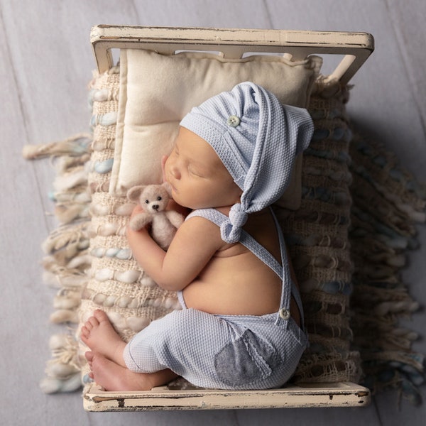 Newborn photo prop set: suspender pants and hat light blue baby boy props photography outfit