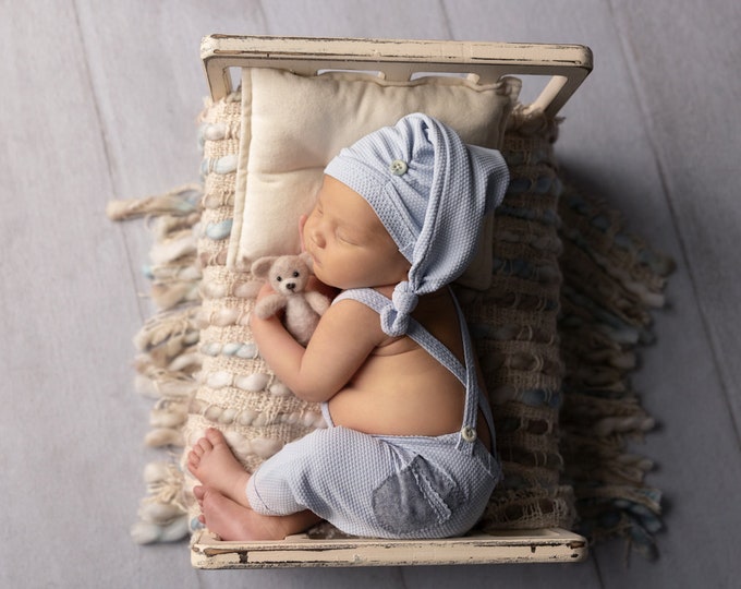 Newborn photo prop set: suspender pants and hat light blue baby boy props photography outfit