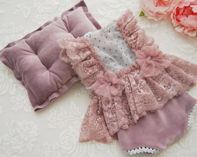 Newborn photo prop romper and posing pillow, dusty purple newborn girl outfit photography prop