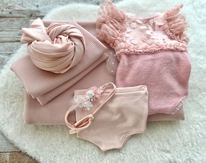 Newborn Photography Set BLUSH Newborn Romper Baby Headband Fabric Backdrop Newborn Wrap Photography Outfit Pink Photo Prop Baby Girl Set