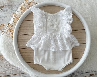 White Newborn Lace Romper Photography Outfit, Ruffled Baby Girl Photo Prop