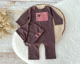 Newborn Boy Photo Outfit: Brown Romper and Hat Set