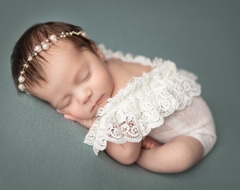 Newborn Romper Photo Outfit Baby Girls Lace Baby Romper with Ruffles, Newborn Photography Outfit Photo Shoot Newborn Outfit Prop Off White