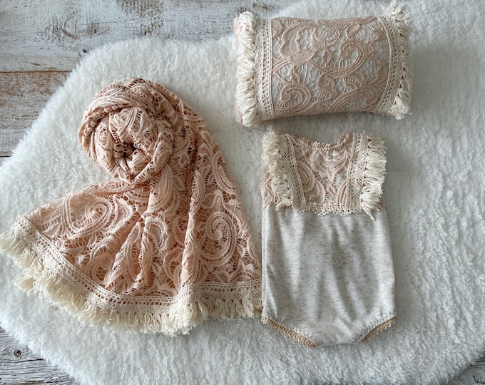 Newborn Photography Set Newborn Romper Bohemian Baby Outfit Newborn Posing Pillow Neutral Photo Prop Lace Layer Newborn Wrap Photo Outfit