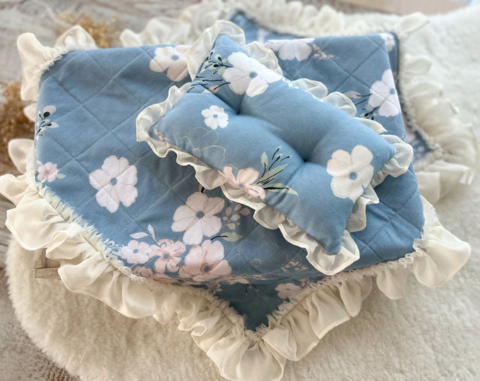 Newborn Photography Prop Newborn Layer Newborn Posing Pillow Blue Floral Baby Girl Blanket Newborn Photo Pillow Baby Girl Photo Prop Ruffled