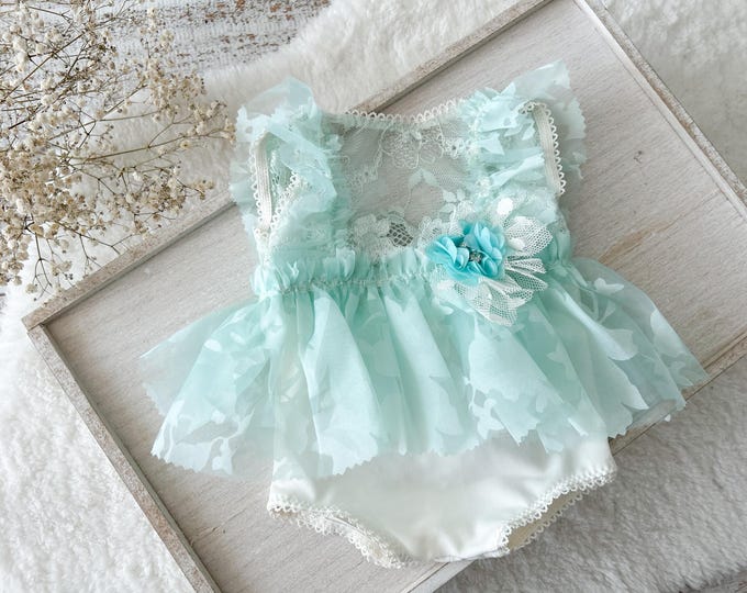 Newborn Dress Newborn Photo Outfit Baby Girl Lace Romper Newborn Coming Home Outfit Light Mint Floral Romper Infant Prop Outfit Baby Shower