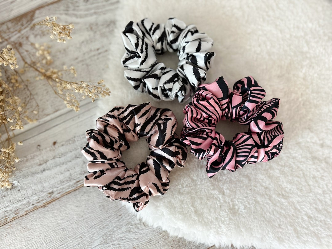 Silky Satin Scrunchie Set: Handmade Hair Tie, Pink, White, Black