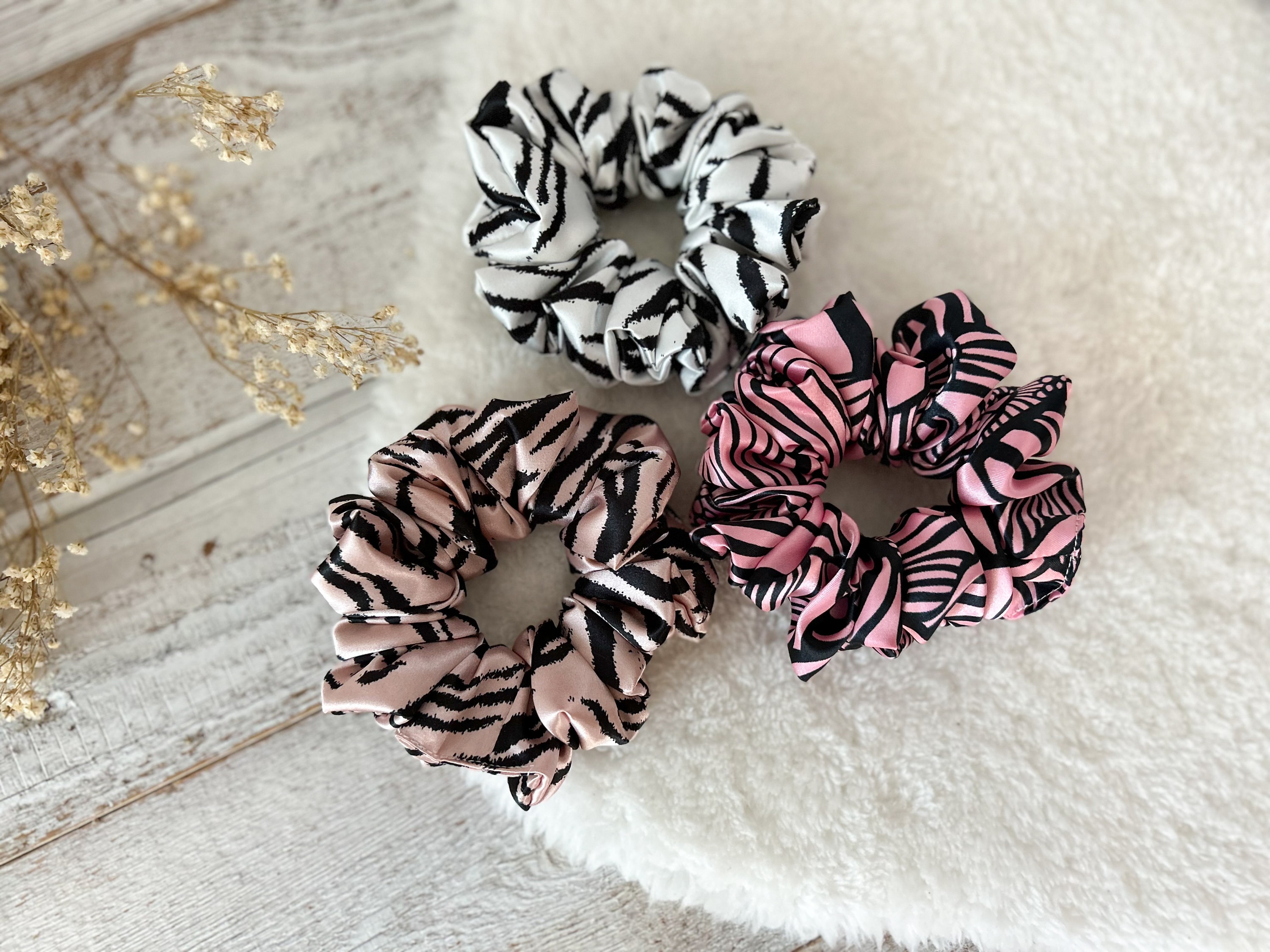 Silky Satin Scrunchie Set: Handmade Hair Tie, Pink, White, Black