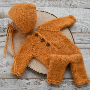 Newborn Knit Romper & Bonnet Set Yellow Newborn Photo Prop Outfit Photography Set Knitted Romper Baby Photography Props