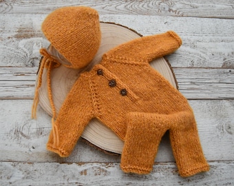 Newborn Knit Romper & Bonnet Set Yellow Newborn Photo Prop Outfit Photography Set Knitted Romper Baby Photography Props