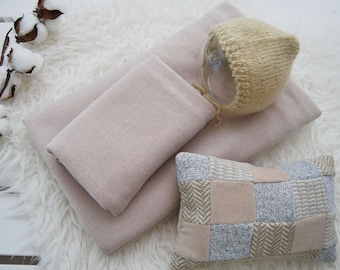 Newborn photo prop SET: knit fabric backdrop fabric wrap angora bonnet posing pillow