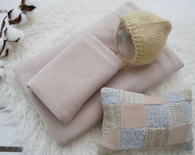 Newborn photo prop SET: knit fabric backdrop fabric wrap angora bonnet posing pillow
