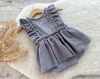 Lavender Muslin Baby Romper Photo Prop Outfit, Sitter Ruffled Dress