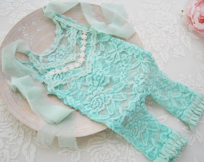 Lace newborn romper photography prop mint baby girl outfit photo prop