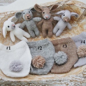 Newborn Photo Prop Bunny Set, Cuddle Toy Newborn Bonnet Newborn Panties, Knitted Newborn Outfit with Toy, Knitted Bunny Outfit for Newborn