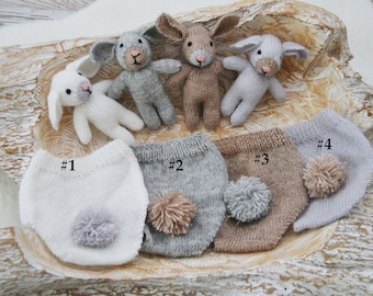 Newborn Photo Prop Bunny Set, Cuddle Toy Newborn Bonnet Newborn Panties, Knitted Newborn Outfit with Toy, Knitted Bunny Outfit for Newborn
