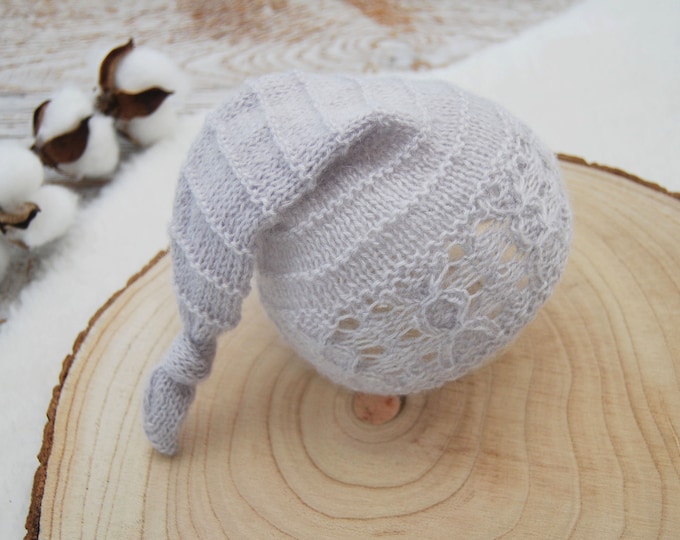 Newborn Knit Hat Baby Sleepy Hat Gray Pixie Hat Newborn Photography Prop Newborn Knot Baby Hat Neutral Baby Props