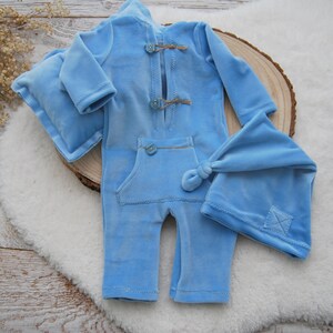 Newborn photo prop set BLUE newborn romper boy Velvet outfit baby boy Newborn sleepy hat Posing pillow