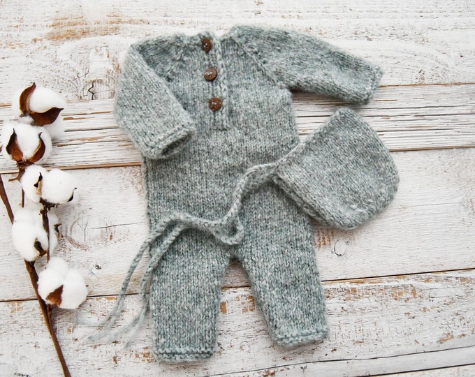 Knit Newborn Romper and Bonnet Photo Prop Outfit Newborn Newborn Photography Props Knitted Romper Baby Knitted Bonnet