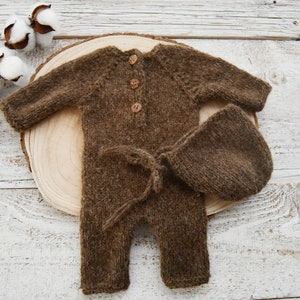 Newborn Knit Outfit Newborn Romper & Bonnet Handknitted Baby Props Alpaca Overall Newborn Photography Outfit Newborn Outfit Photography