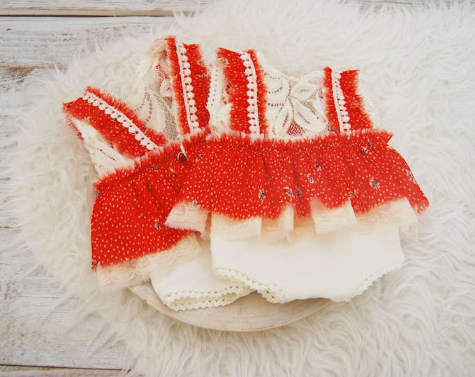 Newborn photography romper for baby girls; ruffled romper in red and white colors; newborn photo prop outfit