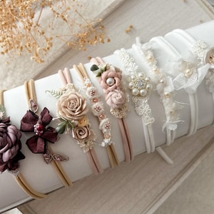 Newborn Headband Newborn Photo Prop Headband Baby Girl Tieback Dainty Floral Headband Pearl Tieback Photography Prop Newborn Girl Head Band