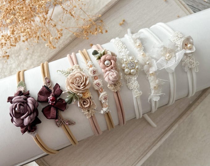 Newborn Headband Newborn Photo Prop Headband Baby Girl Tieback Dainty Floral Headband Pearl Tieback Photography Prop Newborn Girl Head Band