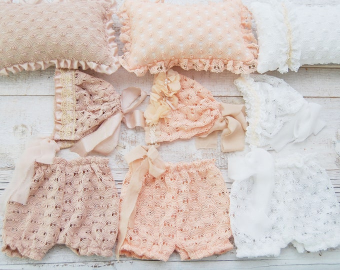 Newborn photo outfit for girls: lace bonnet and bloomers in white, peach and beige color options