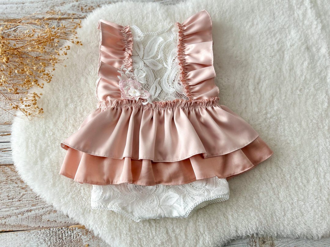 Blush Pink Lace Ruffle Baby Romper, Cake Smash Outfit, First Birthday ...