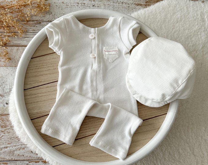 Newborn Photo Outfit SET: White Newsboy Cap, Suspender Pants, Newborn Romper & Posing Pillow - Newborn Photography Props Boy