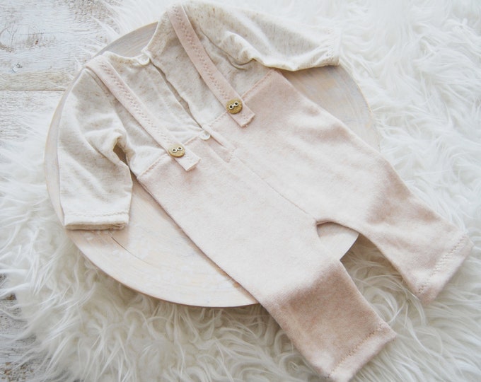 Photography prop for newborn boys; Light beige baby boy romper with suspenders for first photo shoot angora baby outfit for newborn photos