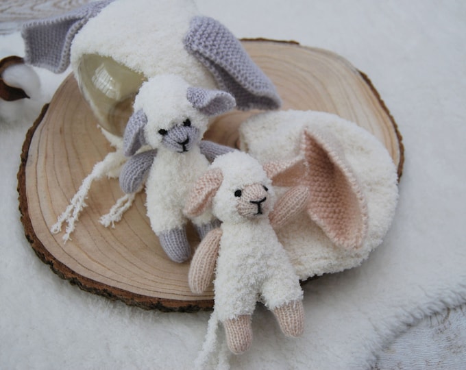 Photography SET: Cuddle Toy and Newborn Bonnet - SHEEP Newborn Photo Props Little Knitted Toy Baby Bonnet with Ears Photography Prop