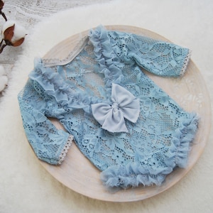 Newborn photo props girl Blue lace outfit baby girl Newborn photography outfit girl Newborn romper photography with long sleeve